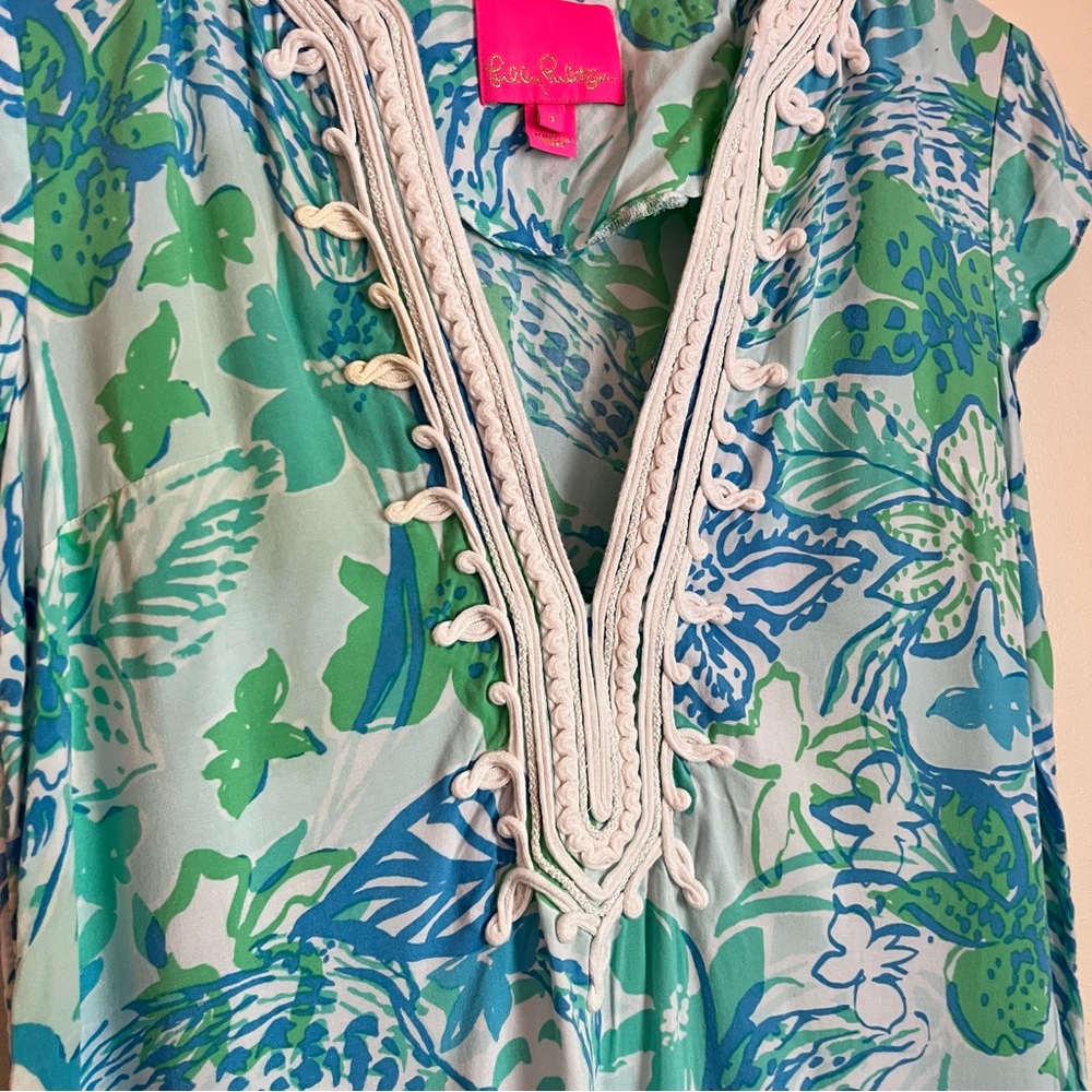 Lilly Pulitzer Madia Blue Green Tunic Shift Dress Small Crochet Neckline Resort - Picture 3 of 11